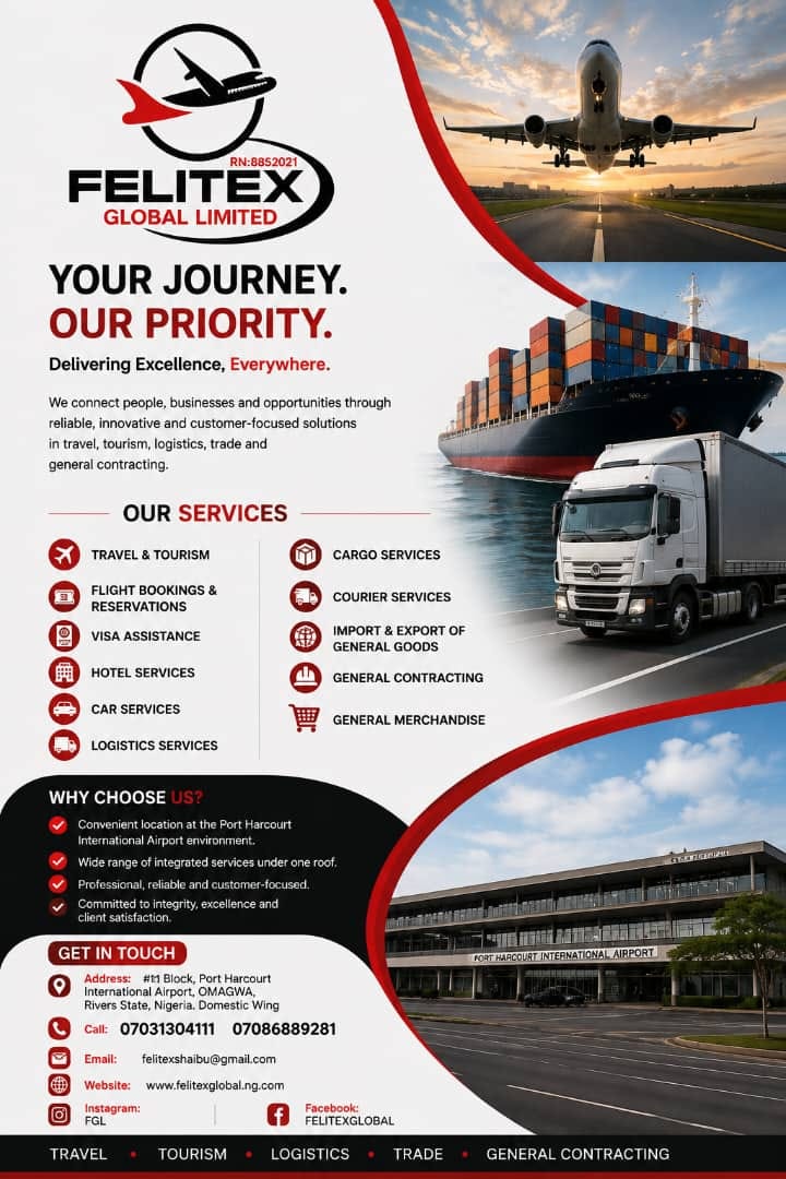 Felitex Global Limited services flyer — travel, cargo, courier, import and export